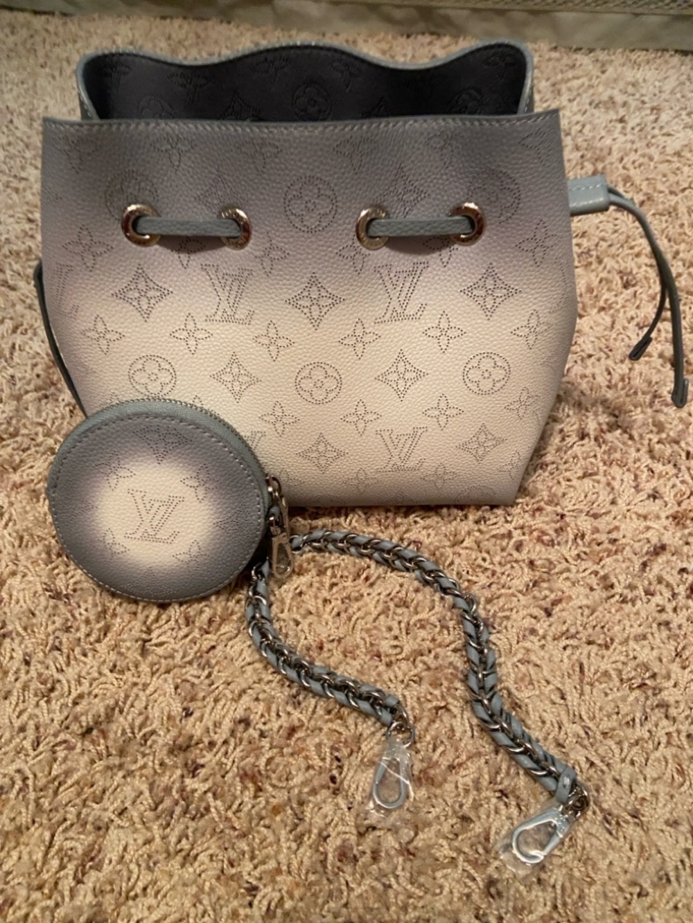 Designer Inspired Blue Monogram Drawstring Bag and Coin Purse